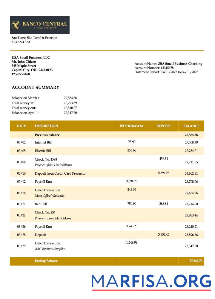 Blank Sao Tome and Principe Banco Central de S.Tome e Principe firm account statement Word and PDF template